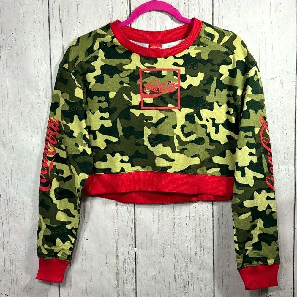 Coca Cola Womens Camouflage Logo Cropped Long Sleeve Cotton Sweatshirt